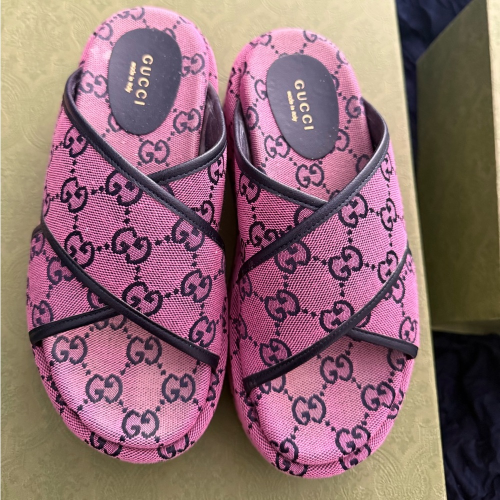 Gucci Pink Monogram Slide Sandals